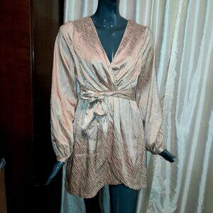 Tan/Rose Gold Shimmery Zebra Print Wrap Short Mini Dress Women's Size M